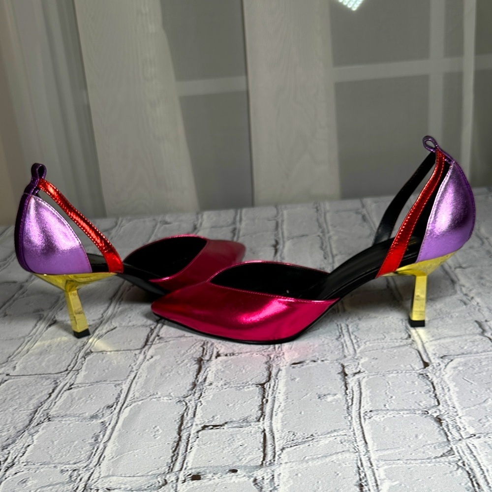 Le Clique Kat Maconie Pink Metallic Flared Tapered Stiletto Heels Pumps sz 9 US